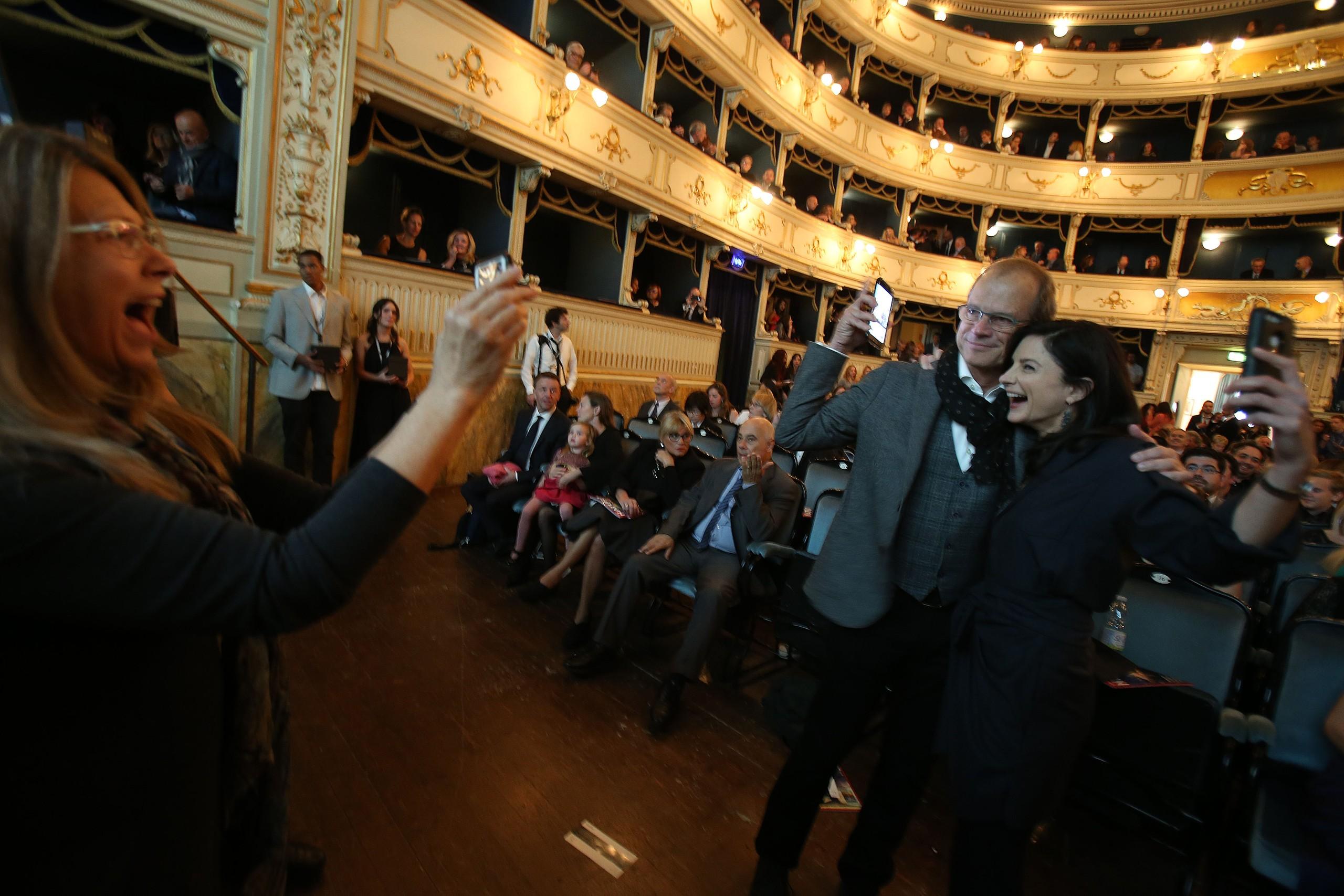 Ami Vitale, Randy Olson and Melissa Farlow during the Awards Ceremony at the Teatro dei Rozzi
